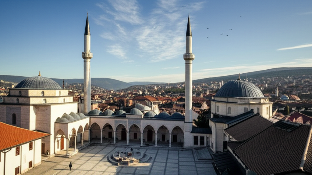 Bosnian mosque and cityscape